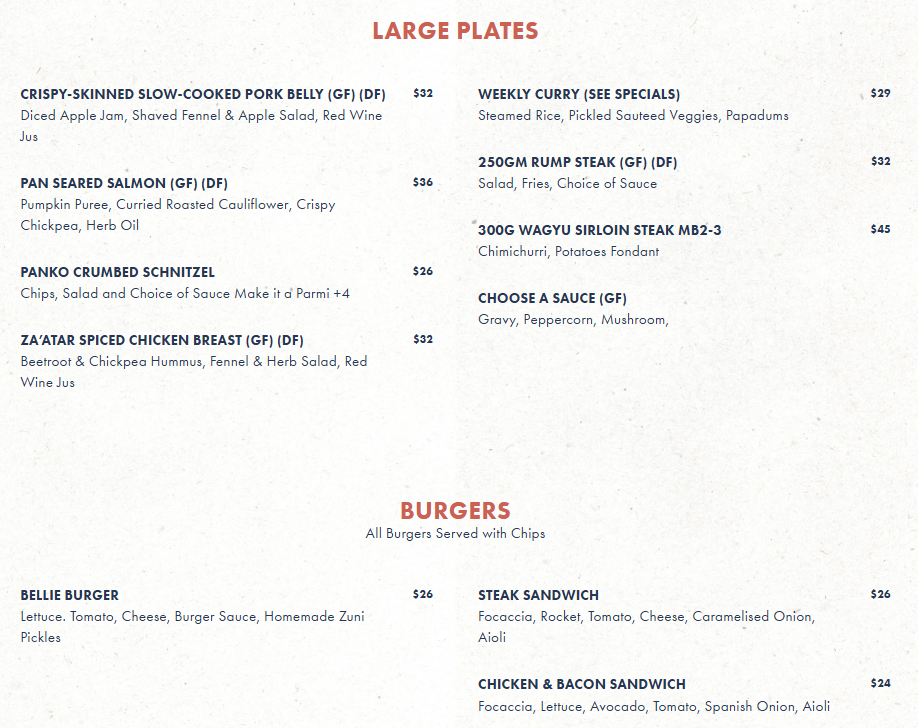 Menu, The Bellevue Hotel