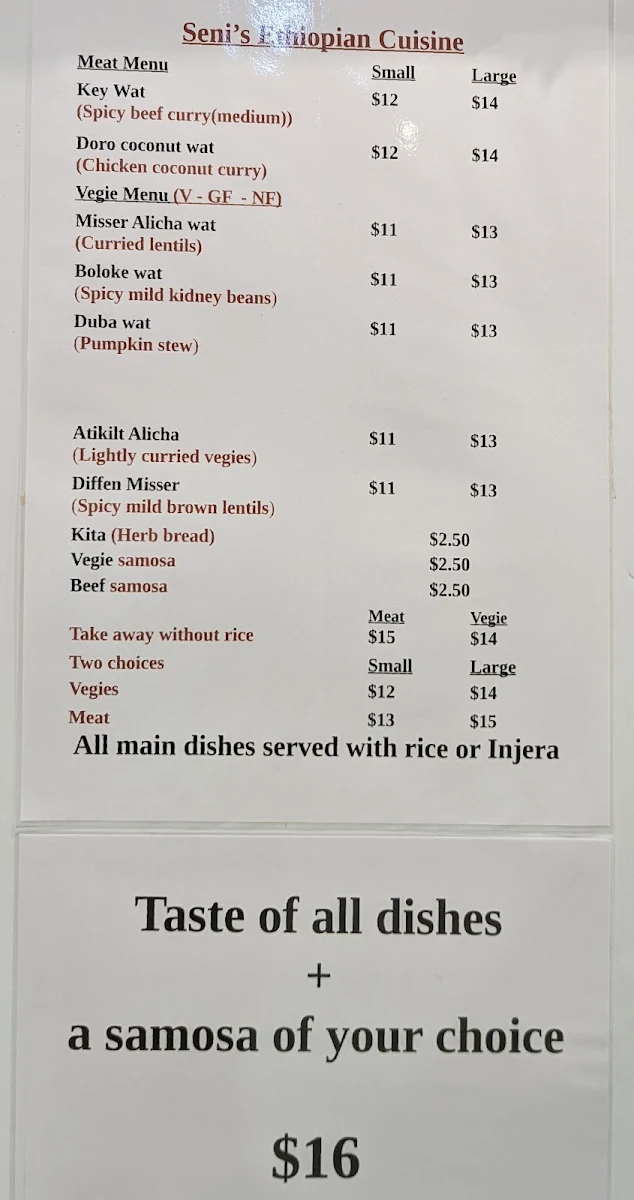 Menu, Seni's Ethiopian Cuisine