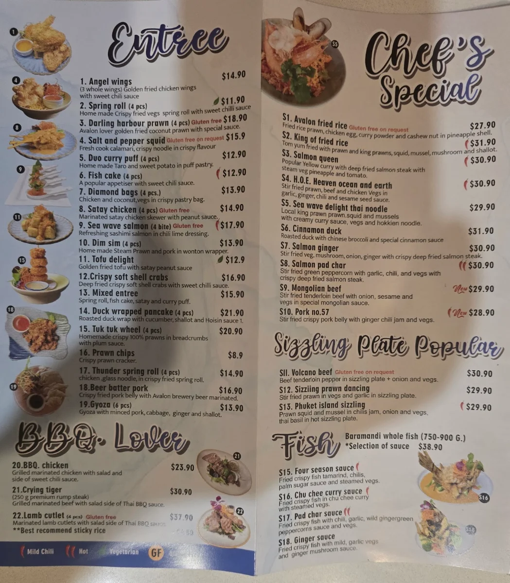 Menu, Sea wave Thai Restaurant Avalon beach
