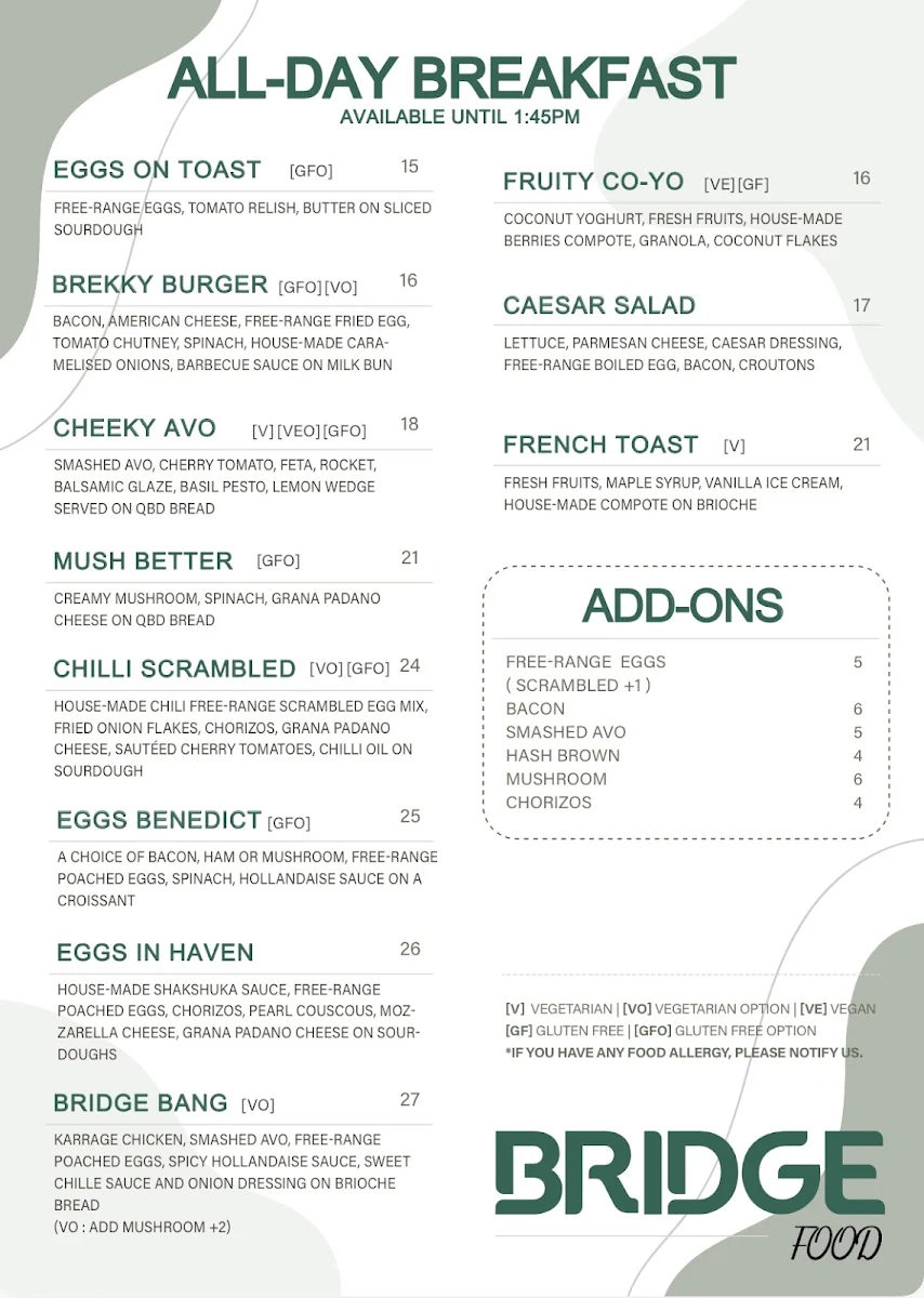 Menu, Bridge on Park