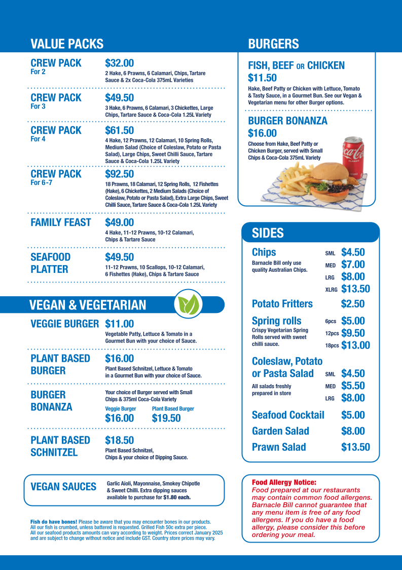 Menu, Barnacle Bill
