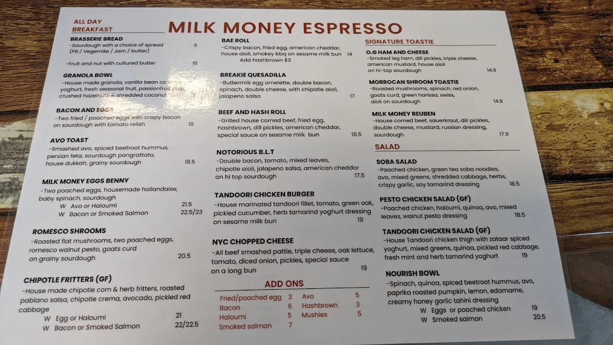 Menu, Milk Money Espresso