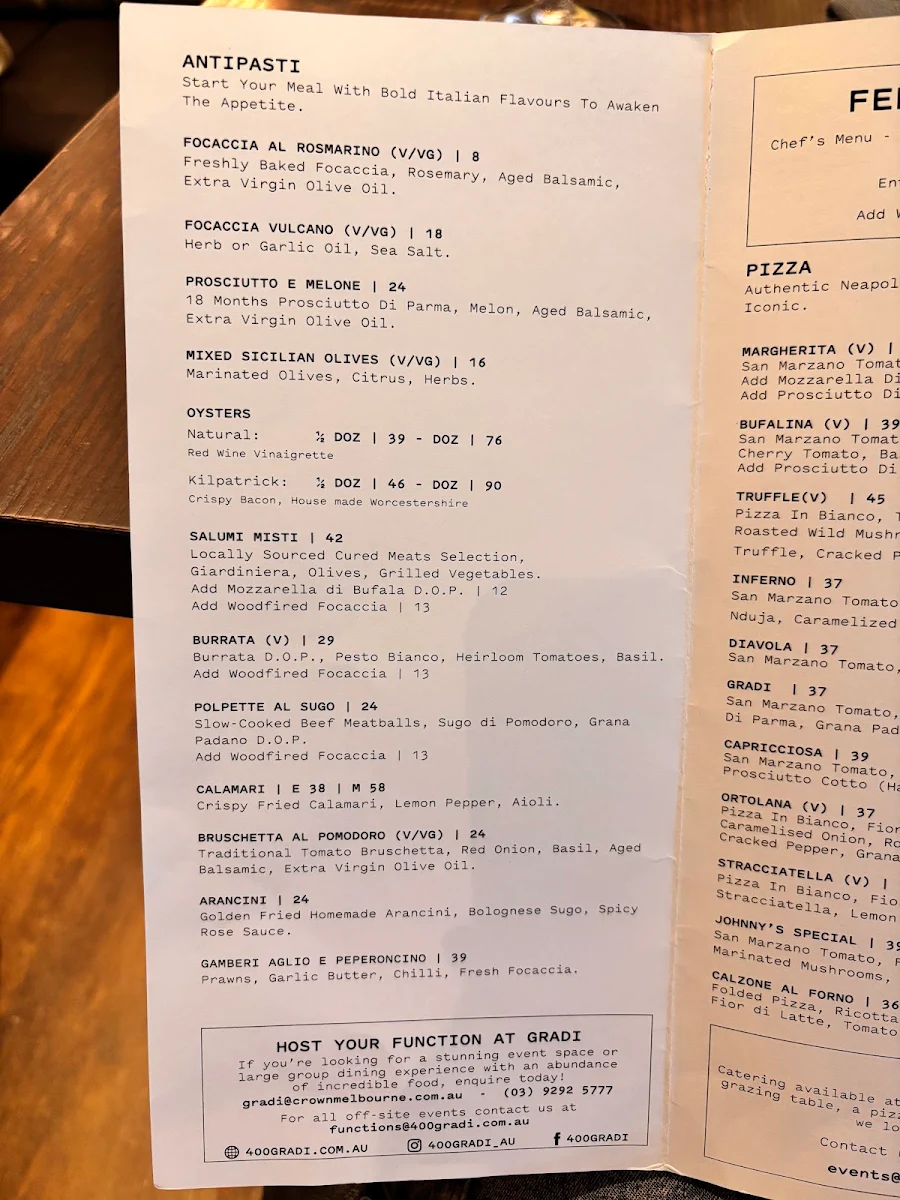 Menu, Gradi at Crown Melbourne