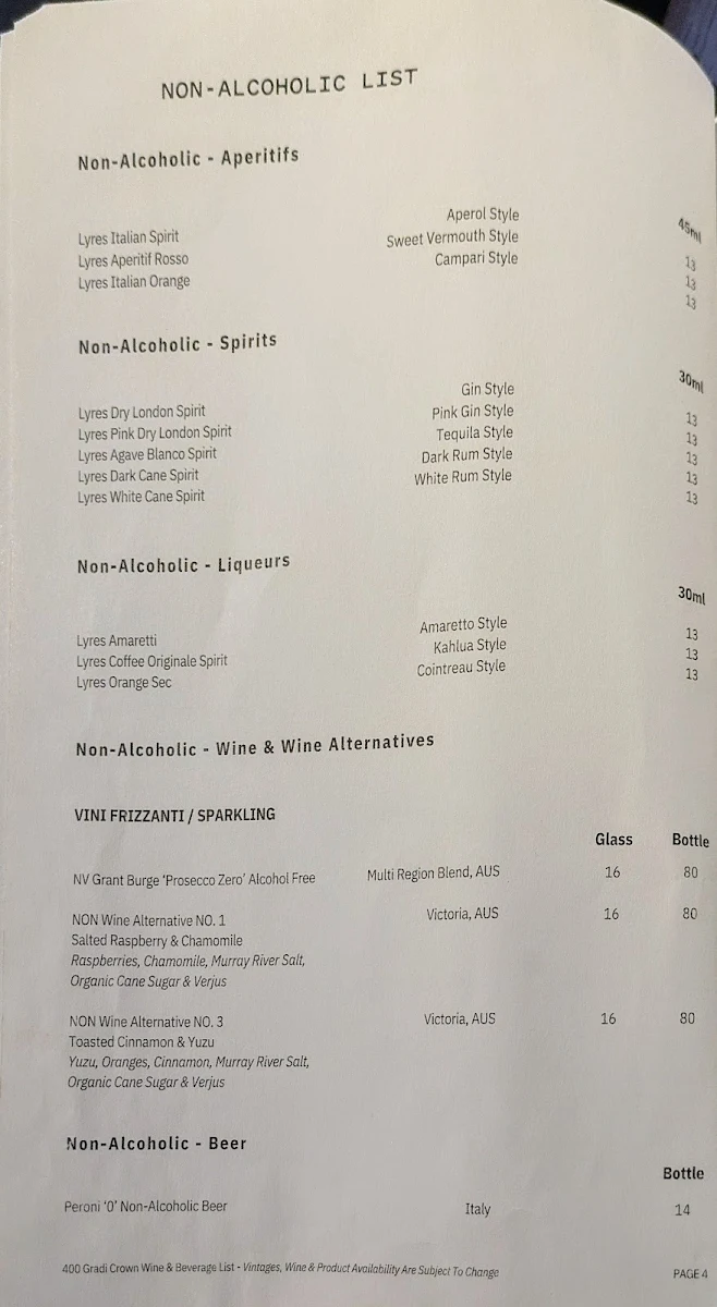 Menu, Gradi at Crown Melbourne
