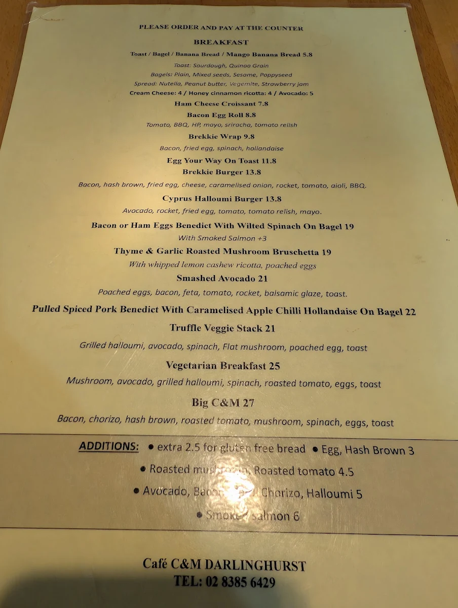 Menu, Cafe C&M (Darlinghurst)