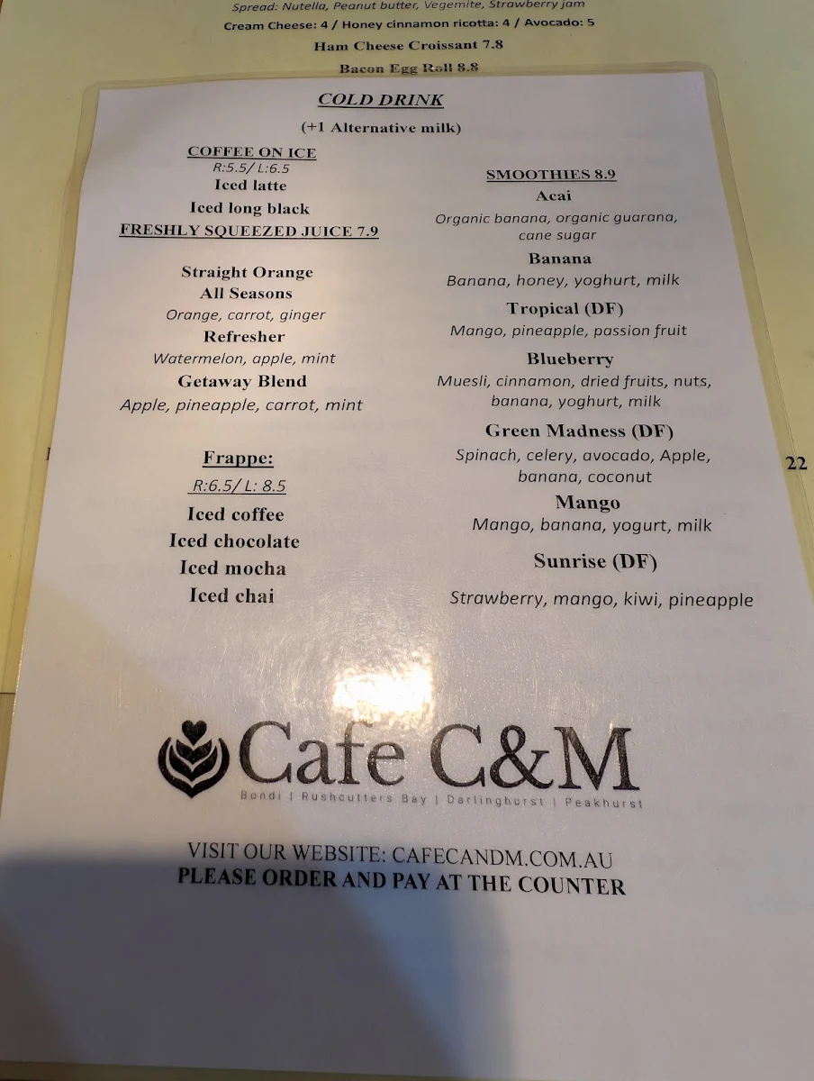 Menu, Cafe C&M (Darlinghurst)