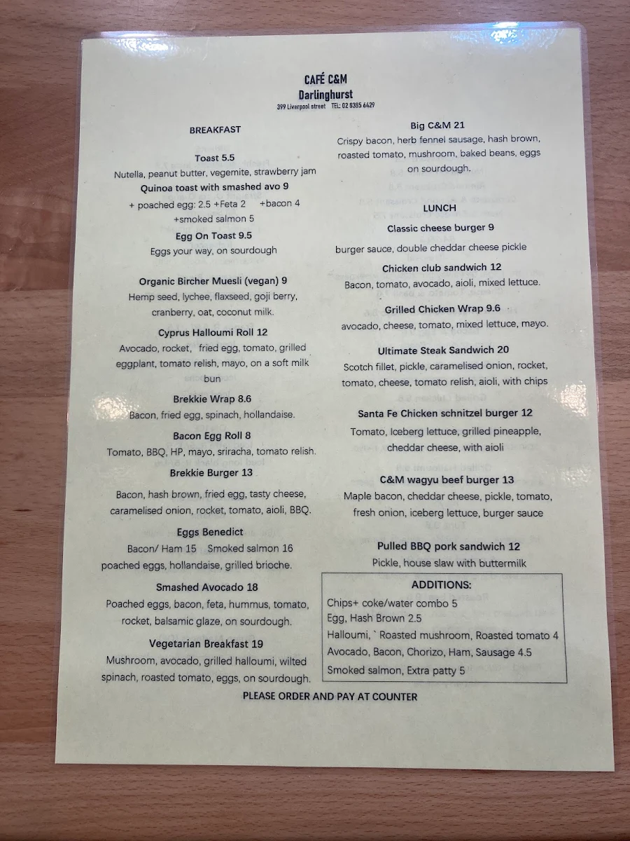 Menu, Cafe C&M (Darlinghurst)