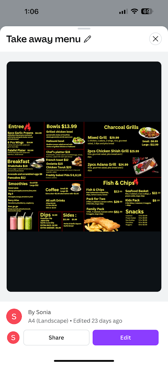 Menu, Hamilton Kebab and pizza
