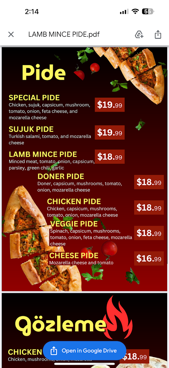 Menu, Hamilton Kebab and pizza