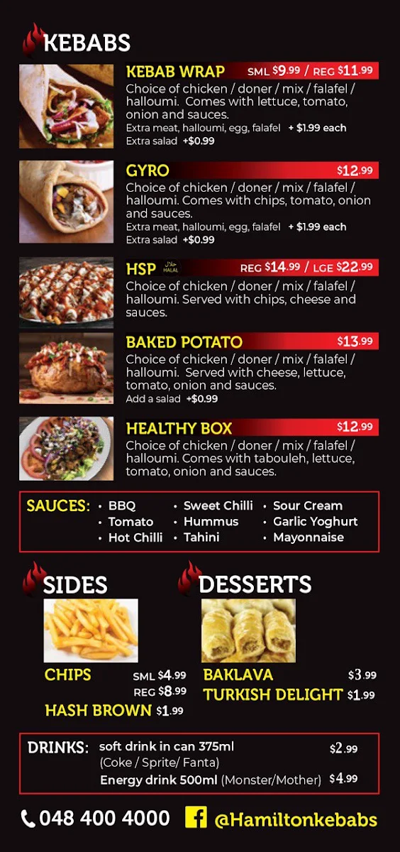 Menu, Hamilton Kebab and pizza