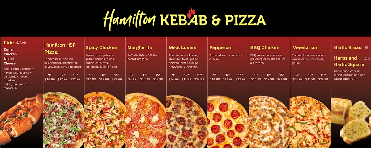 Menu, Hamilton Kebab and pizza