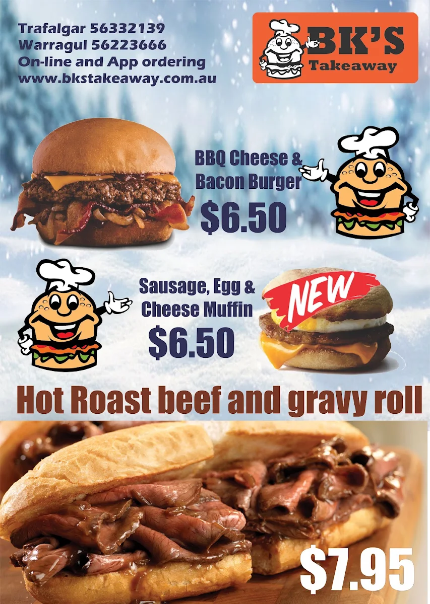 Menu, BKs Takeaway Warragul