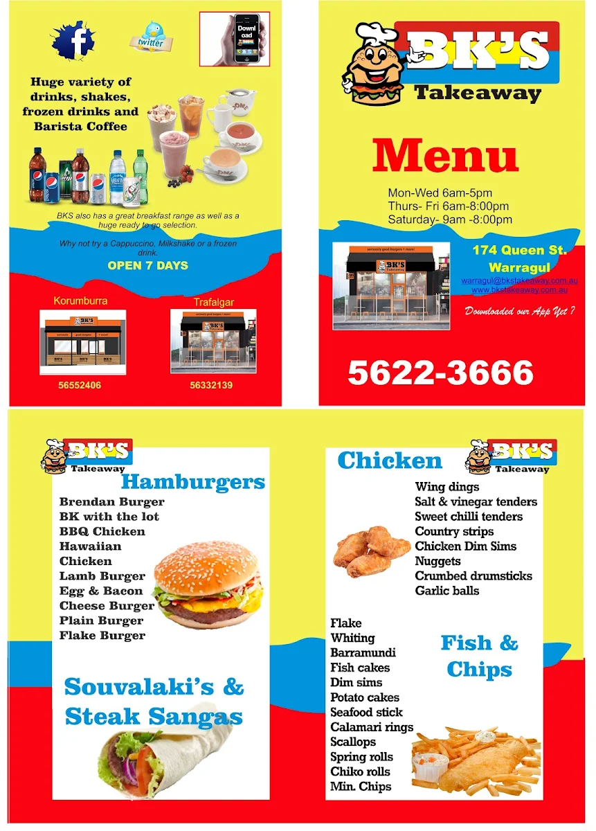 Menu, BKs Takeaway Warragul
