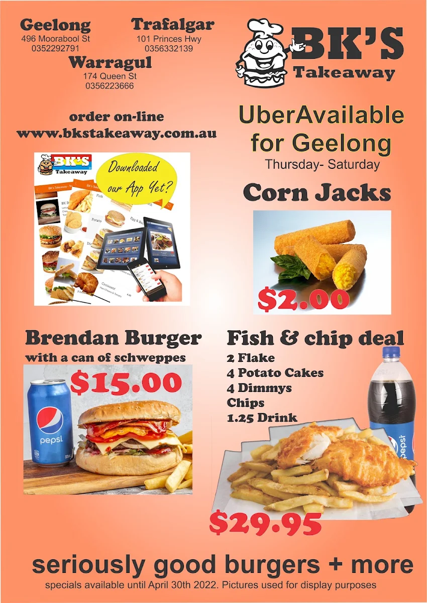 Menu, BKs Takeaway Warragul