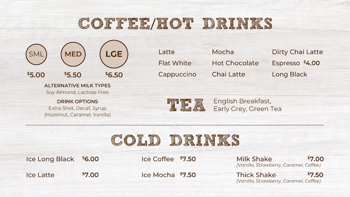 Menu, SG Bakery Burpengary