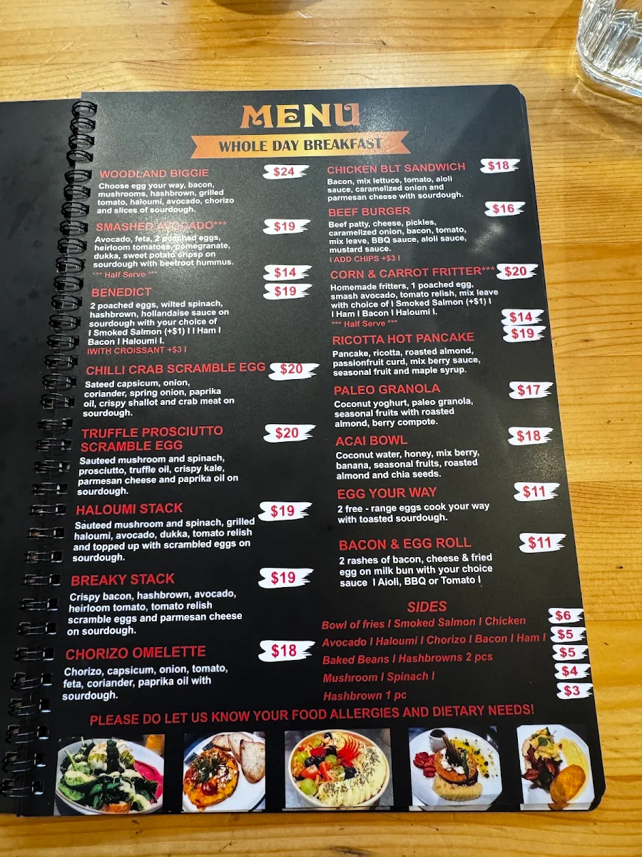 Menu, Woodland Cafe