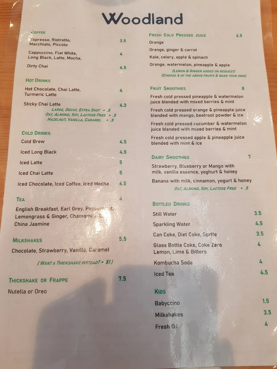 Menu, Woodland Cafe