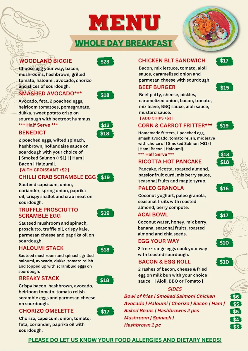 Menu, Woodland Cafe