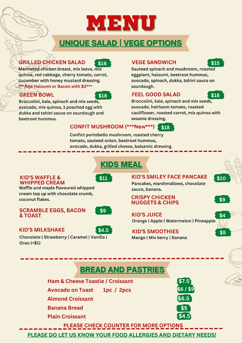 Menu, Woodland Cafe