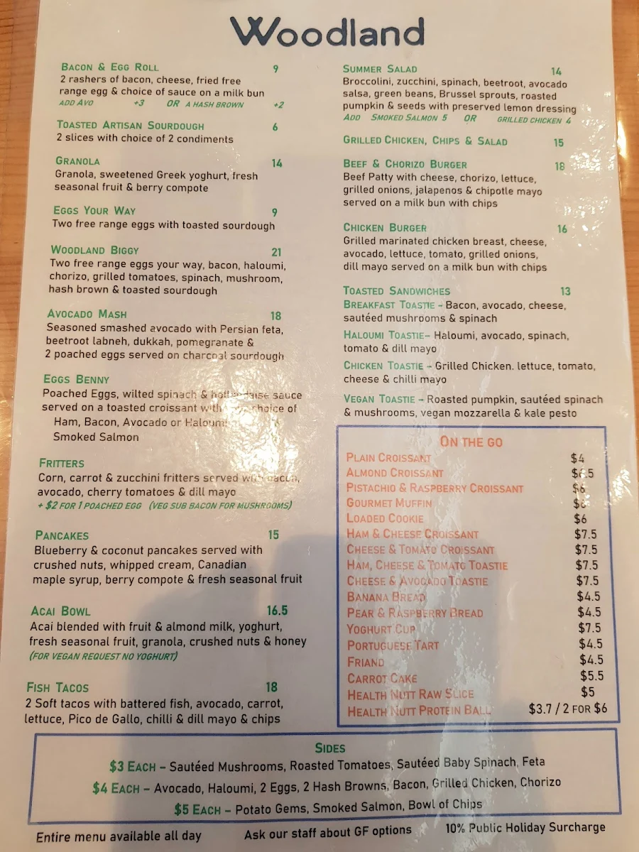 Menu, Woodland Cafe