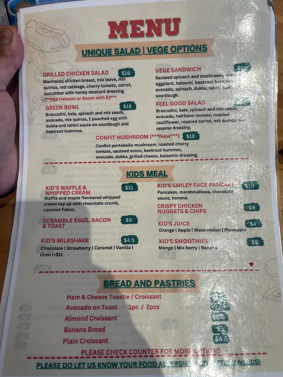 Menu, Woodland Cafe