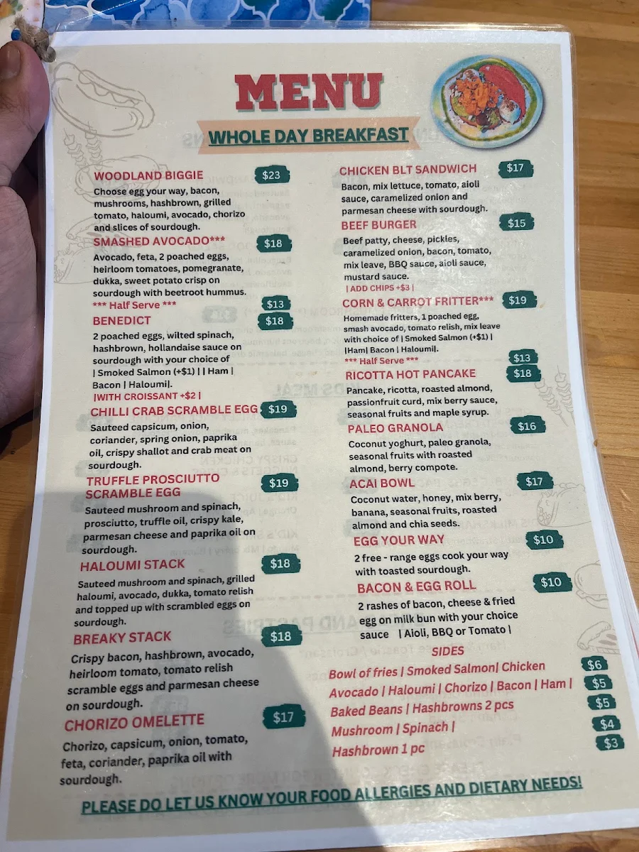 Menu, Woodland Cafe