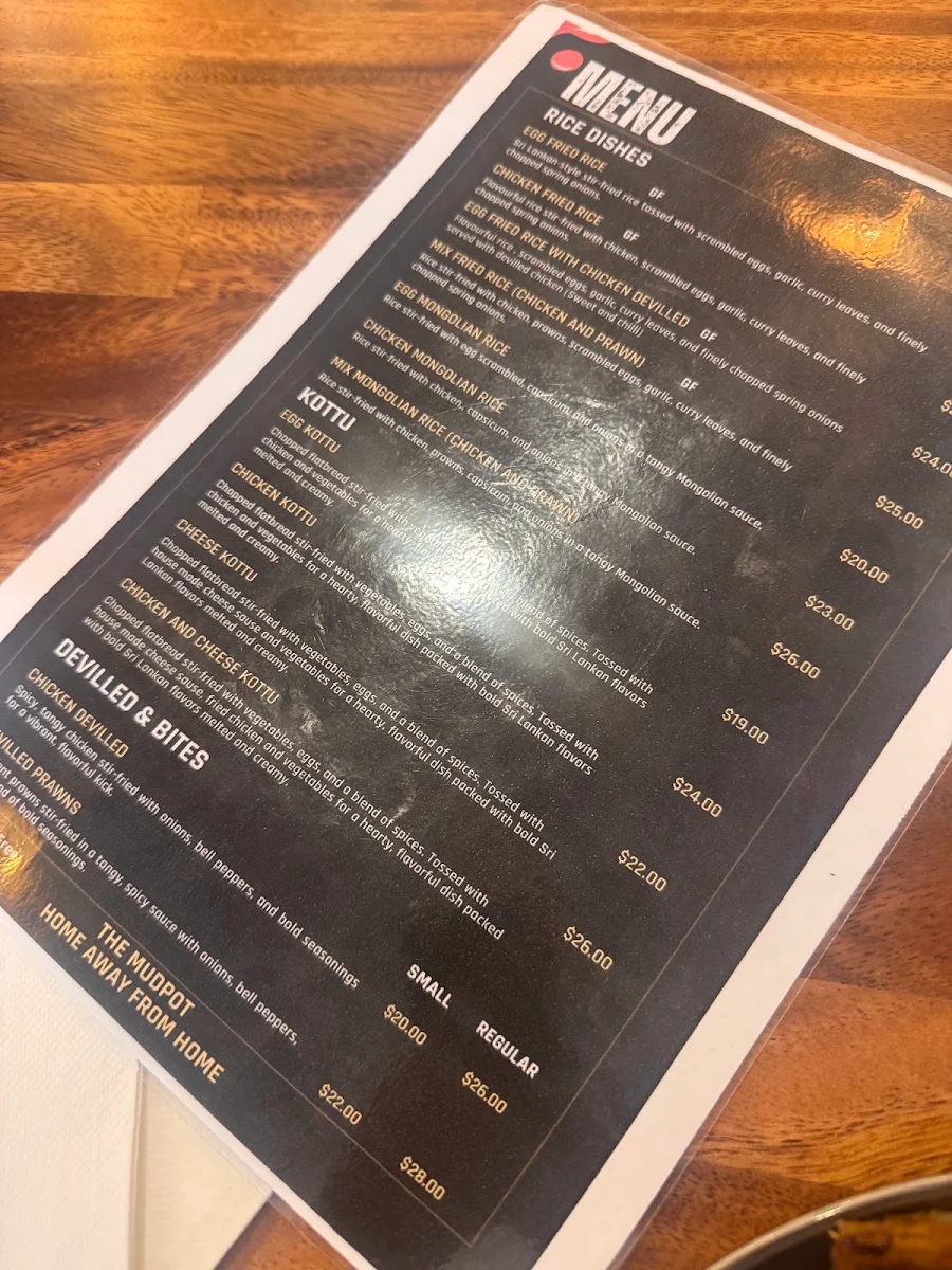 Menu, The Mudpot Malaga