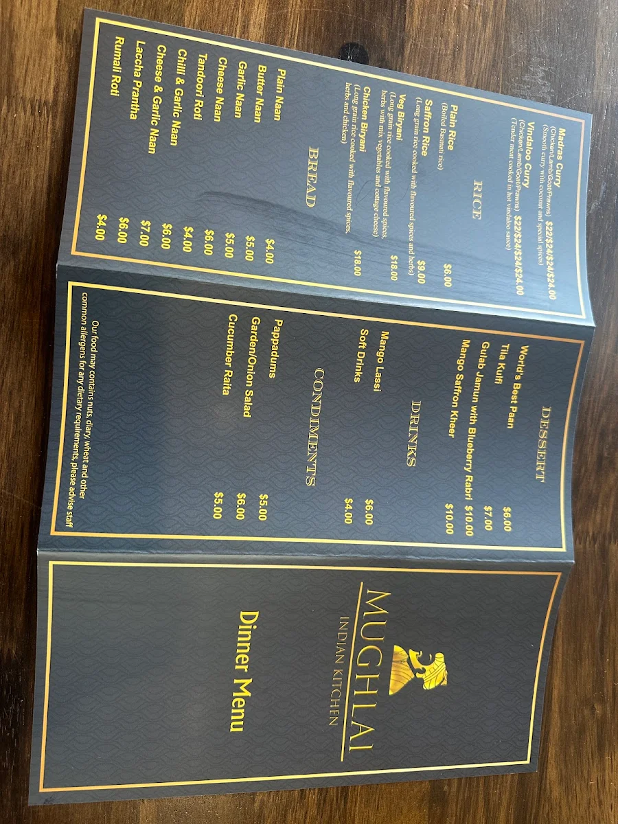 Menu, Mughlai Restaurant