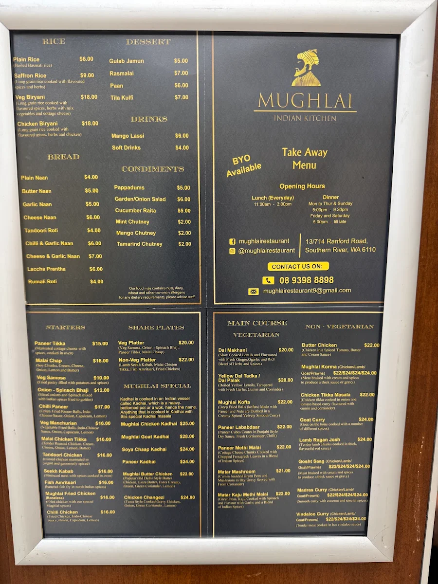Menu, Mughlai Restaurant