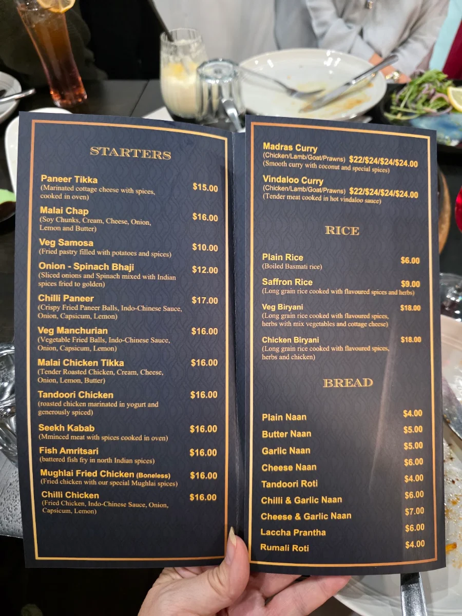 Menu, Mughlai Restaurant