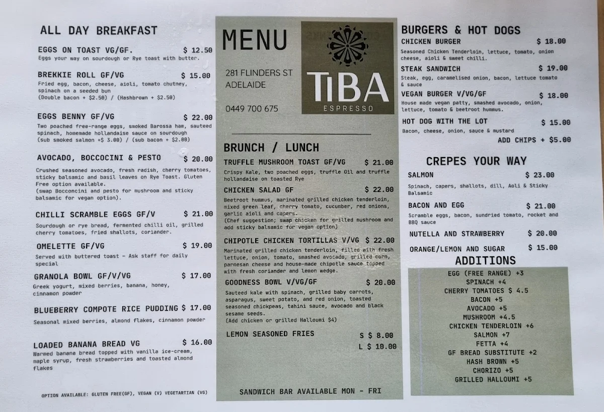 Menu, Tiba Espresso