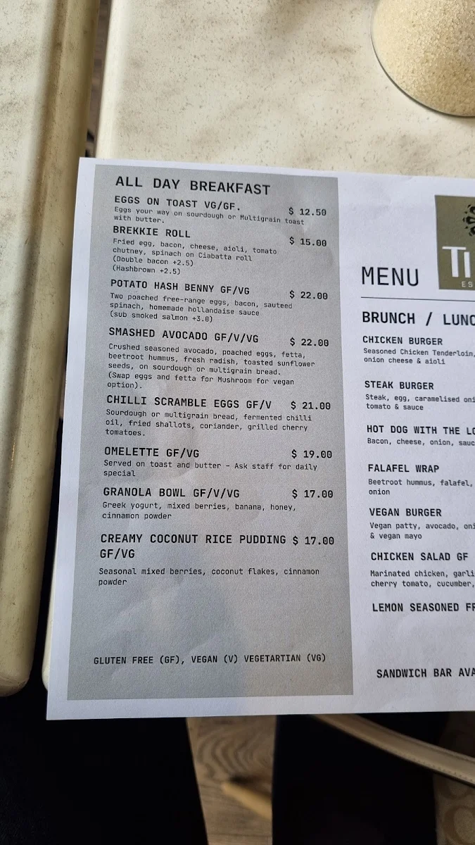 Menu, Tiba Espresso