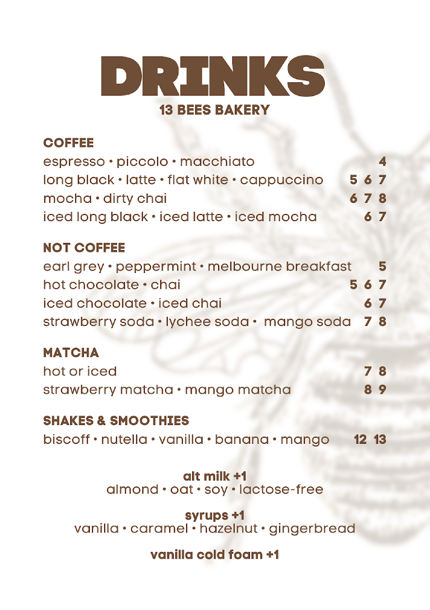 Menu, 13 Bees Bakery