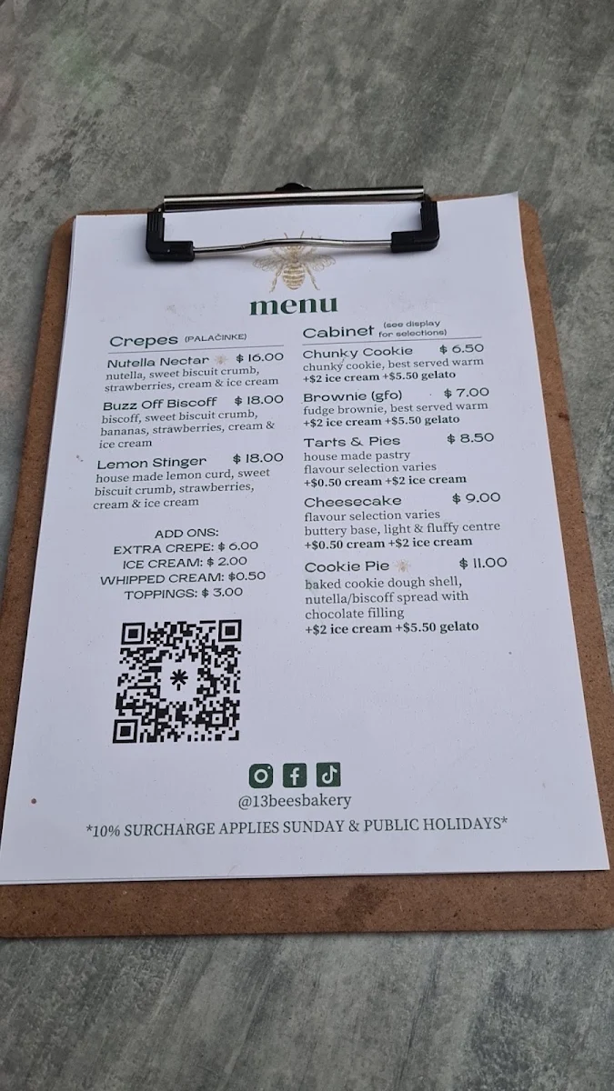 Menu, 13 Bees Bakery