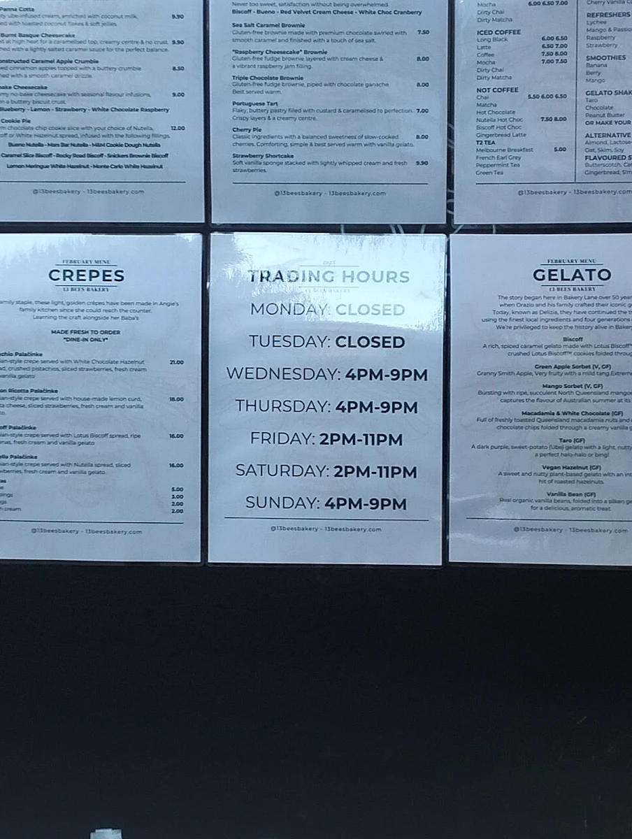 Menu, 13 Bees Bakery