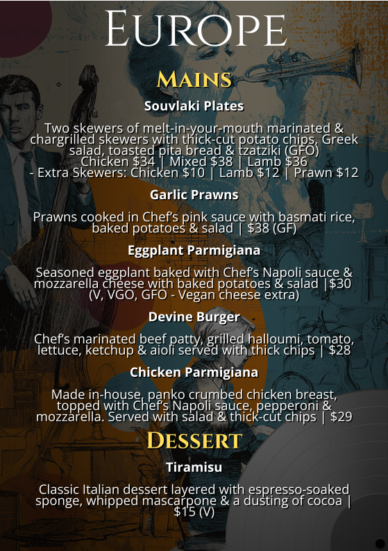 Menu, Den Devine Restaurant & Music Lounge