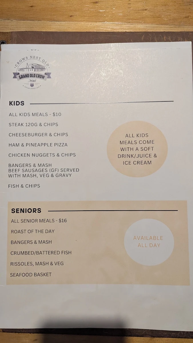 Menu, Grand Old Crow Hotel