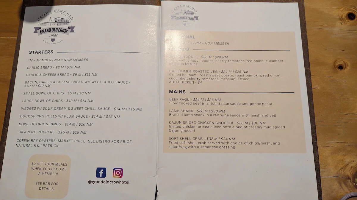 Menu, Grand Old Crow Hotel