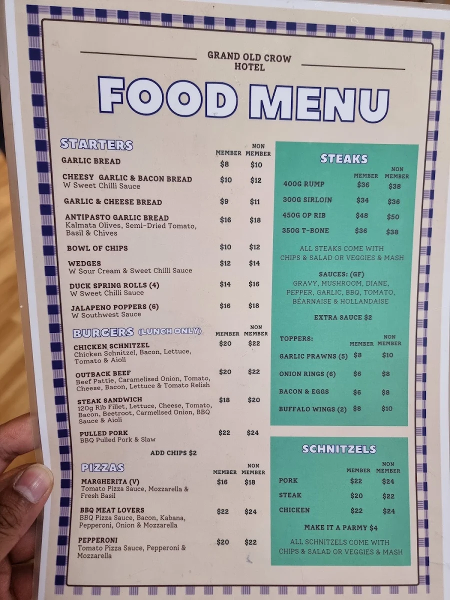 Menu, Grand Old Crow Hotel
