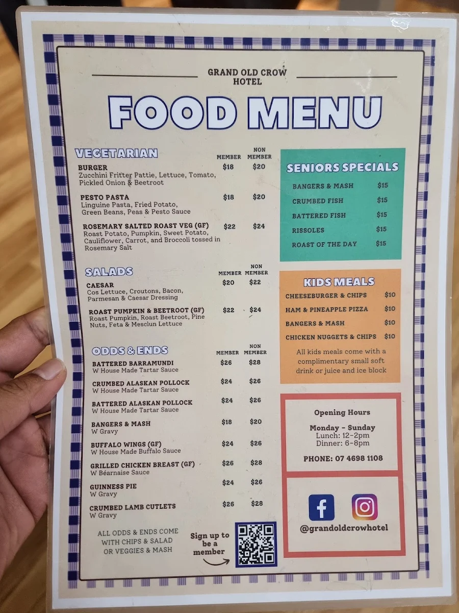 Menu, Grand Old Crow Hotel