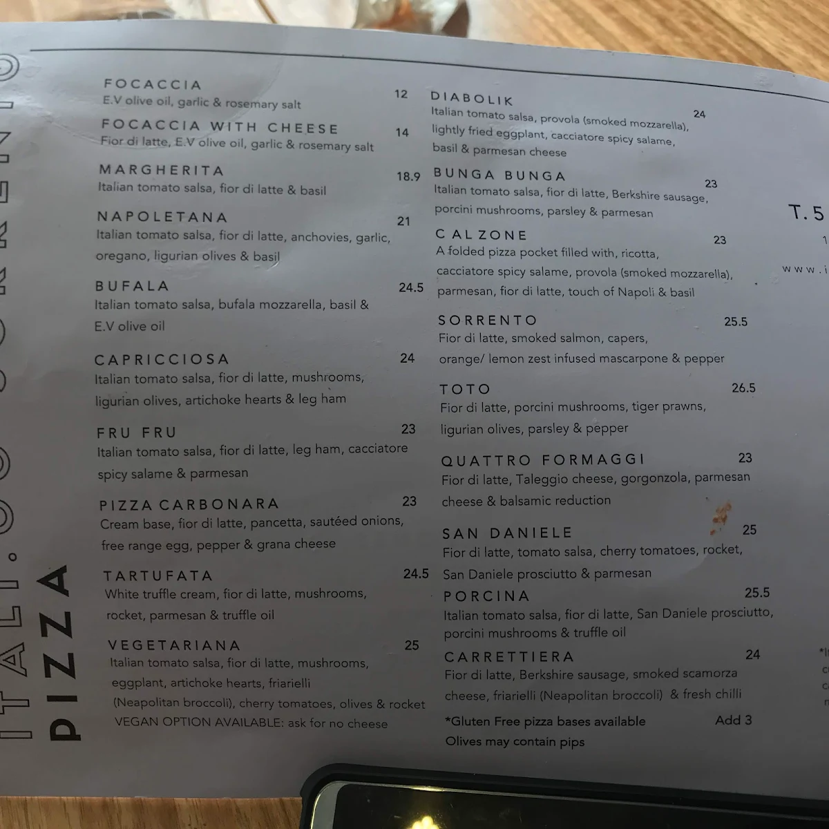Menu, Itali.co Sorrento