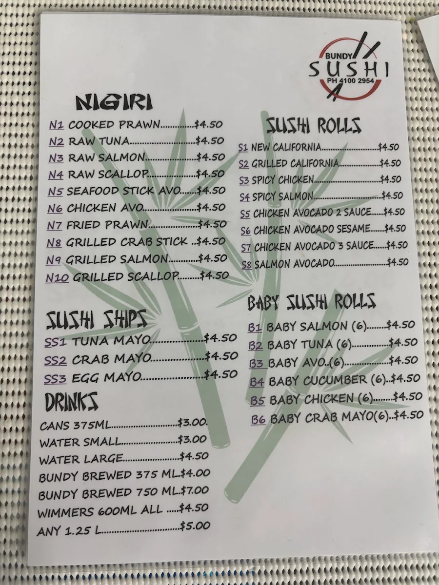 Menu, Bundy Sushi