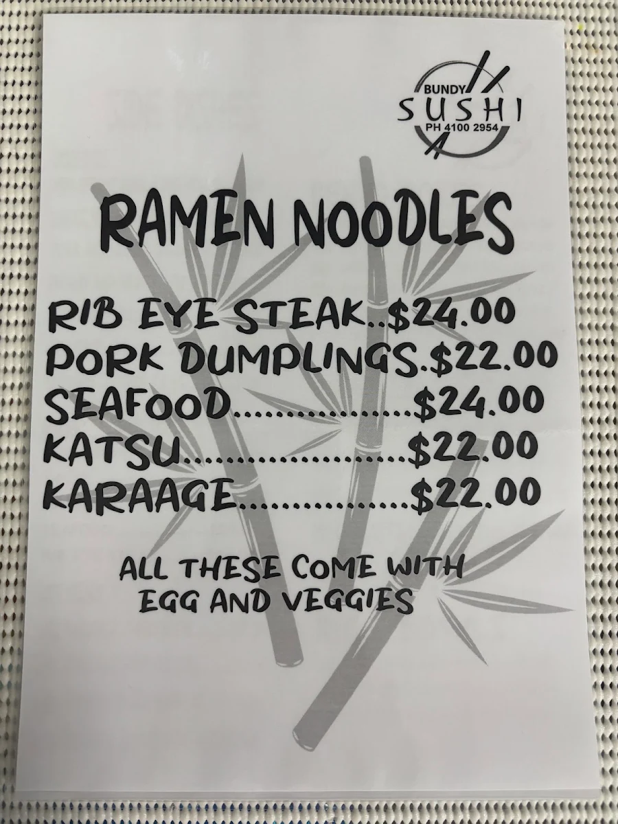 Menu, Bundy Sushi