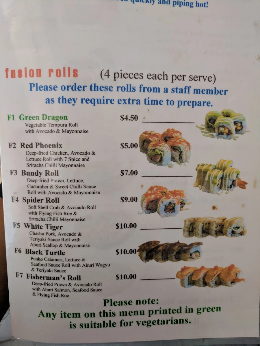 Menu, Bundy Sushi