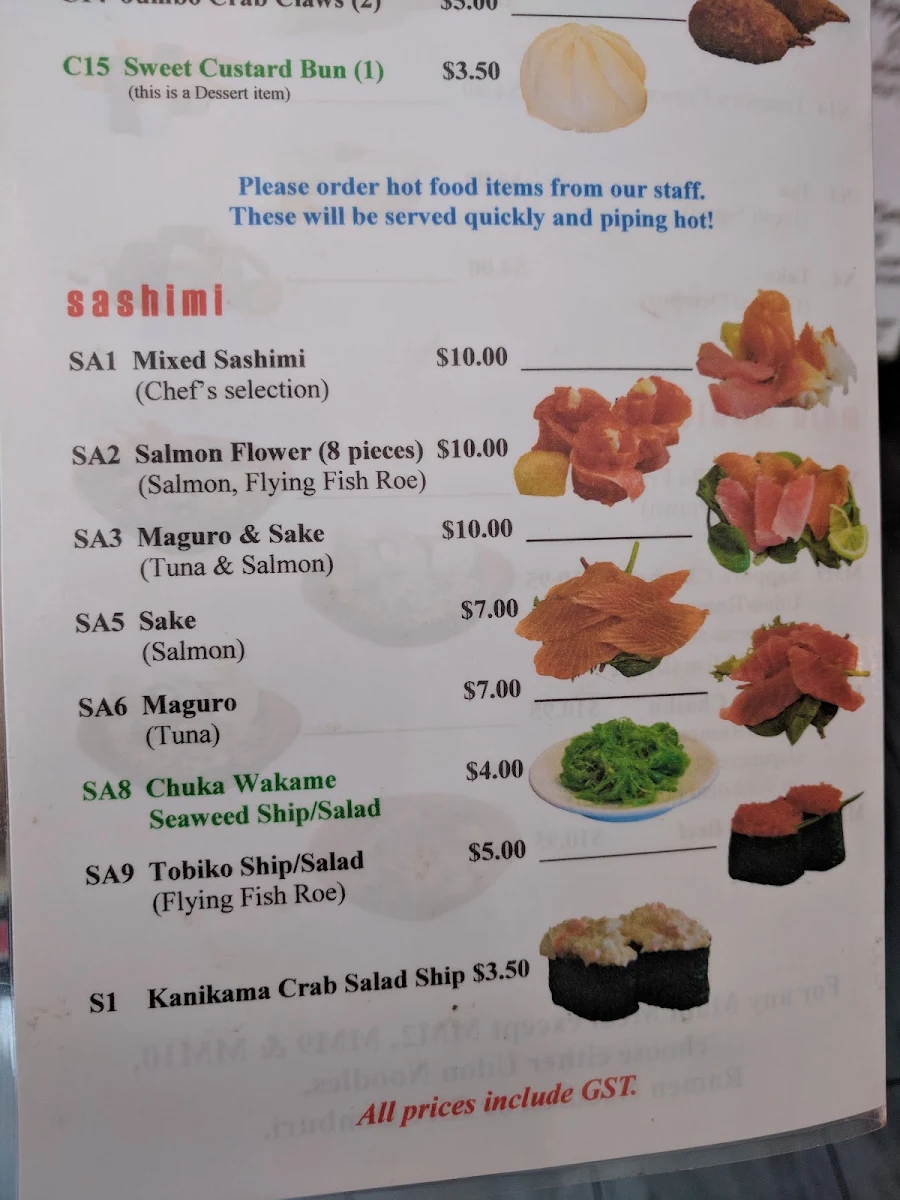 Menu, Bundy Sushi