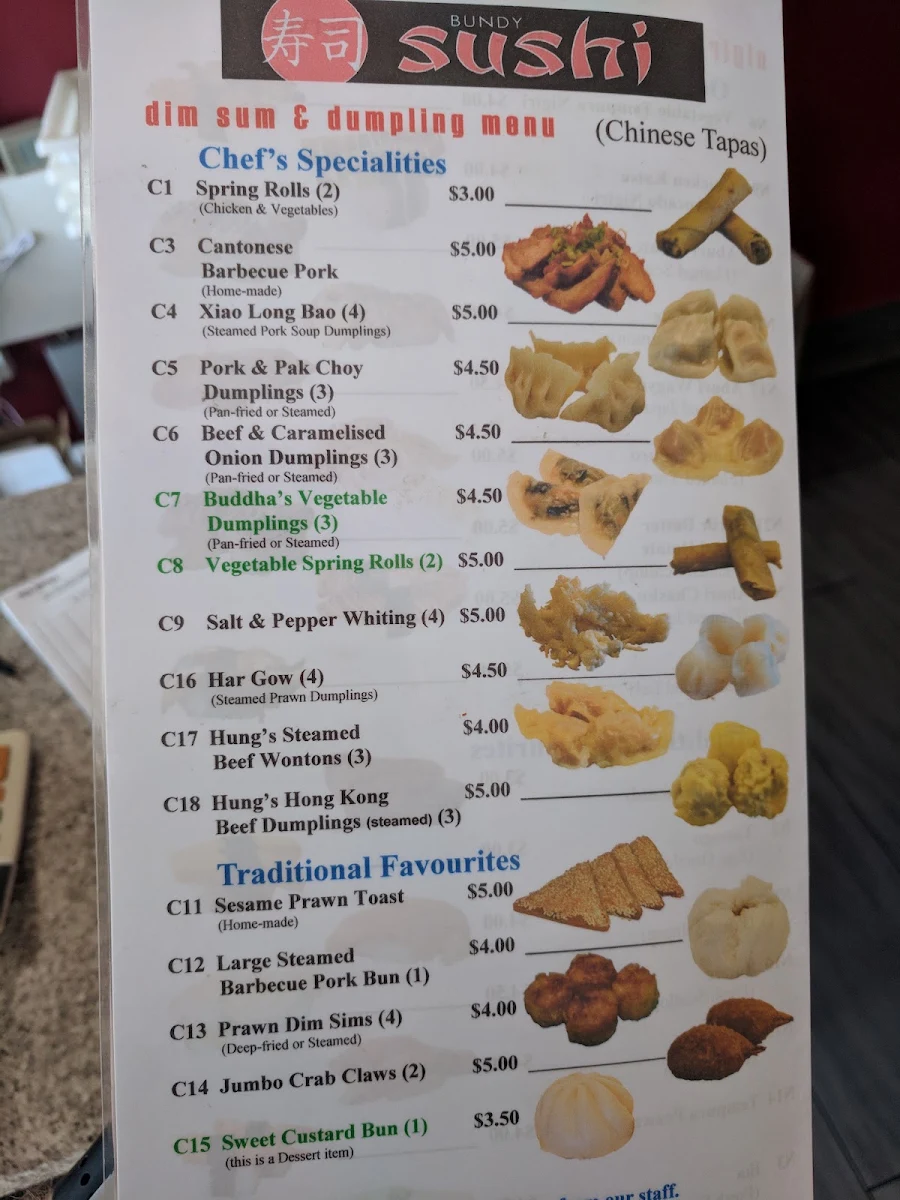 Menu, Bundy Sushi