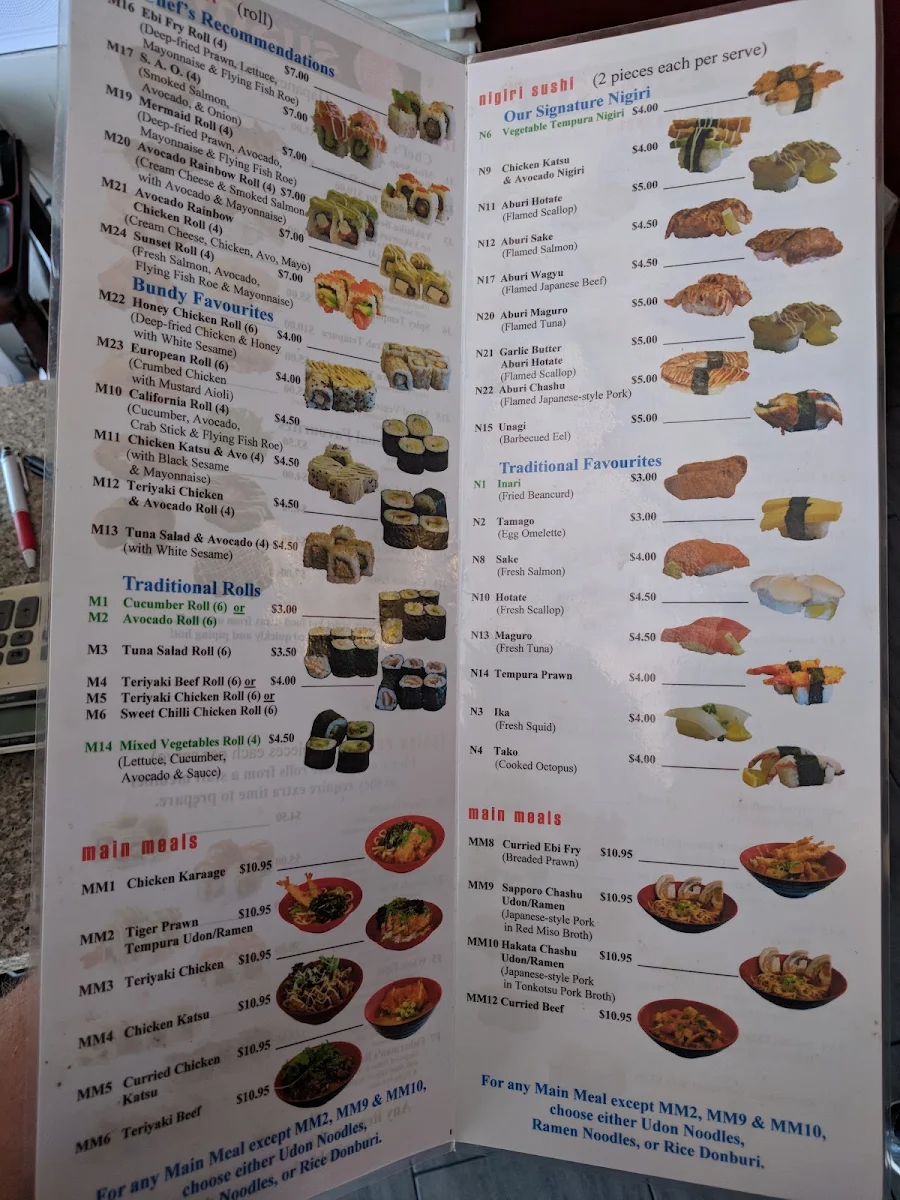 Menu, Bundy Sushi