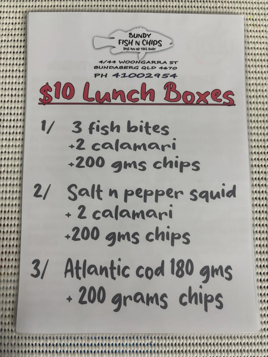 Menu, Bundy Sushi