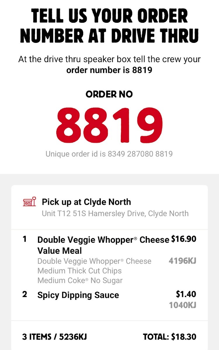 Menu, Hungry Jack's Burgers Clyde North