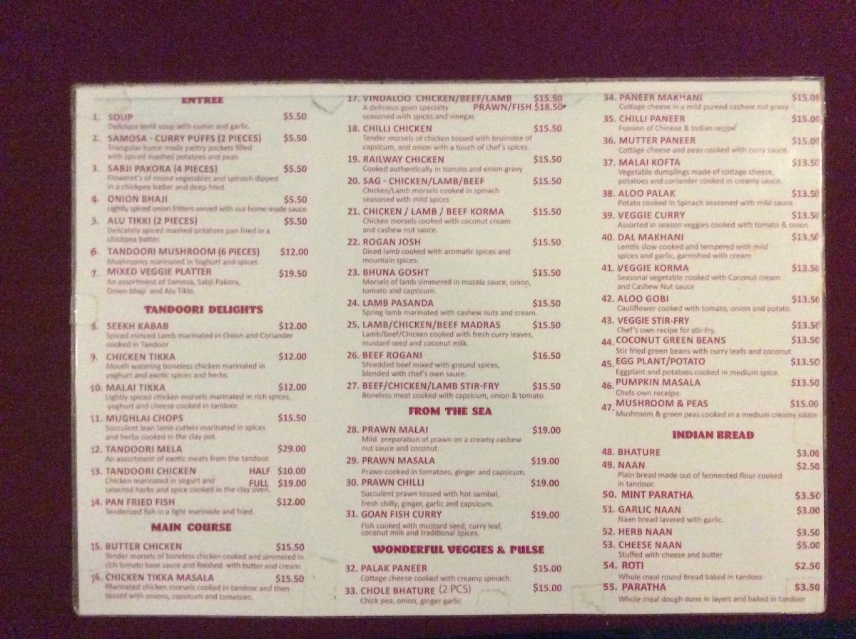 Menu, Great Indian Wave